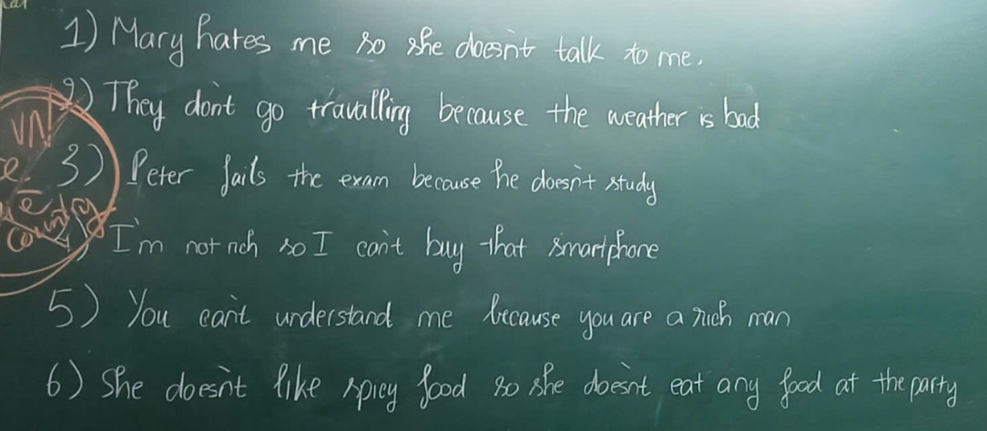 Mary hares me so she doesn't talk to me. 
They don't go travalling because the weather is bad 
3)) Peter fails the exam because The doesn't study 
I'm not nch so I can't buy that smartphore 
5) You can't understand me licause you are a ruch man 
6) She doesn't like Aprey food Bo lke doesn't eat any good at the party