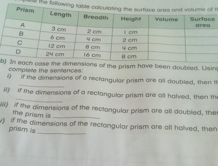 ble the follot 
b prism been doubled. Usin 
complete the sentences: 
_ 
i) if the dimensions of a rectangular prism are all doubled, then th 
_ 
ii) if the dimensions of a rectangular prism are all halved, then th 
iii) if the dimensions of the rectangular prism are all doubled, ther 
the prism is_ 
w) if the dimensions of the rectangular prism are all halved, then 
prism is_