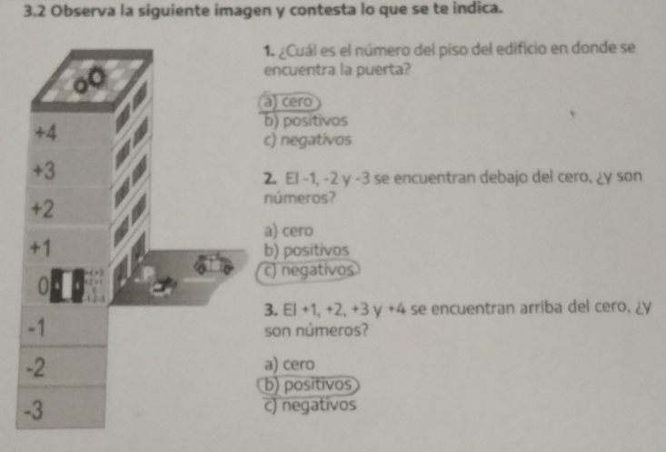 3.2 Observa la siguiente imagen y contesta lo que se te indica.
1. ¿Cuál es el número del piso del edificio en donde se
encuentra la puerta?
a) cero
b) positivos
c) negativos
2. El -1, -2 y -3 se encuentran debajo del cero, ¿y son
números?
a) cero
b) positivos
c) negativos
3. El +1, +2, +3 γ +4 se encuentran arriba del cero, ¿y
son números?
a) cero
b) positivos
c) negativos