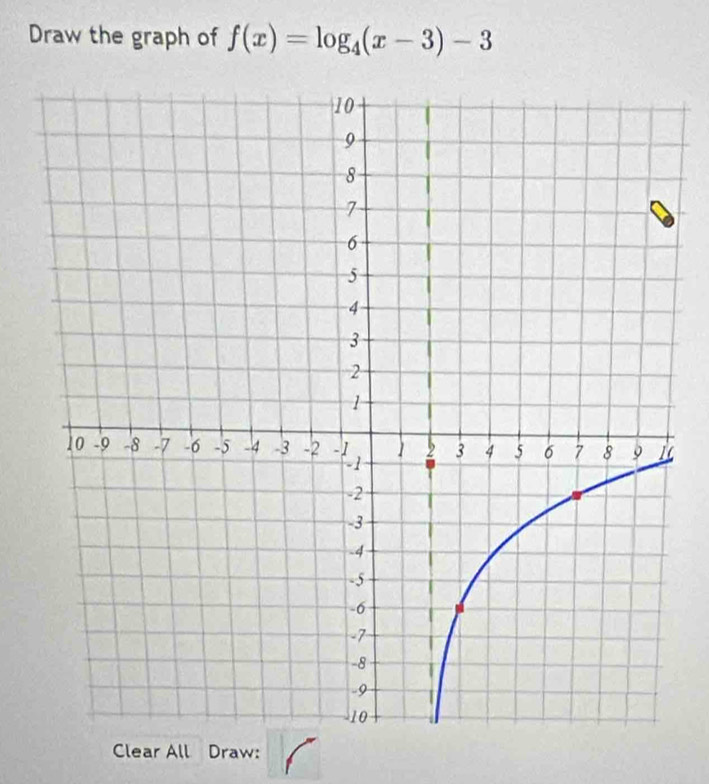 Draw the graph of f(x)=log _4(x-3)-3
Clear All Draw: