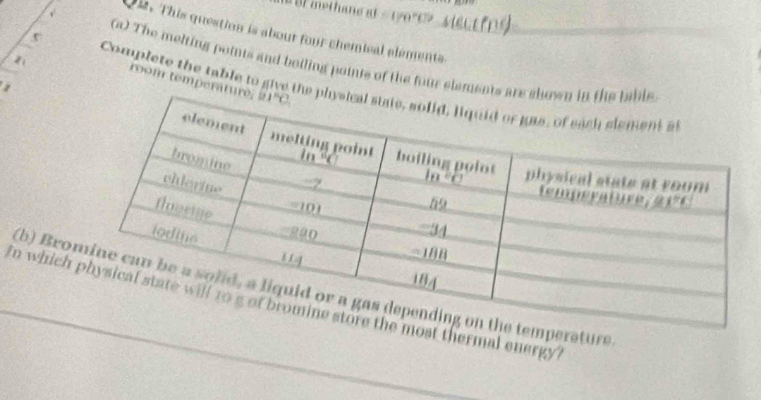 Bl methane at = 170°0
Diz. This question is about four chemical elements.
n
(a) The melting points and boiling points of the four slements
room temperatu
a
Complete the table to give the
(b) Brorsture
In which t thermal energy ?