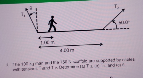 The 100 kg man and the 750 N scaffold are supported by cables
with tensions T1and T 2. Determine (a) T 2, (b) T1, and (c) θ.