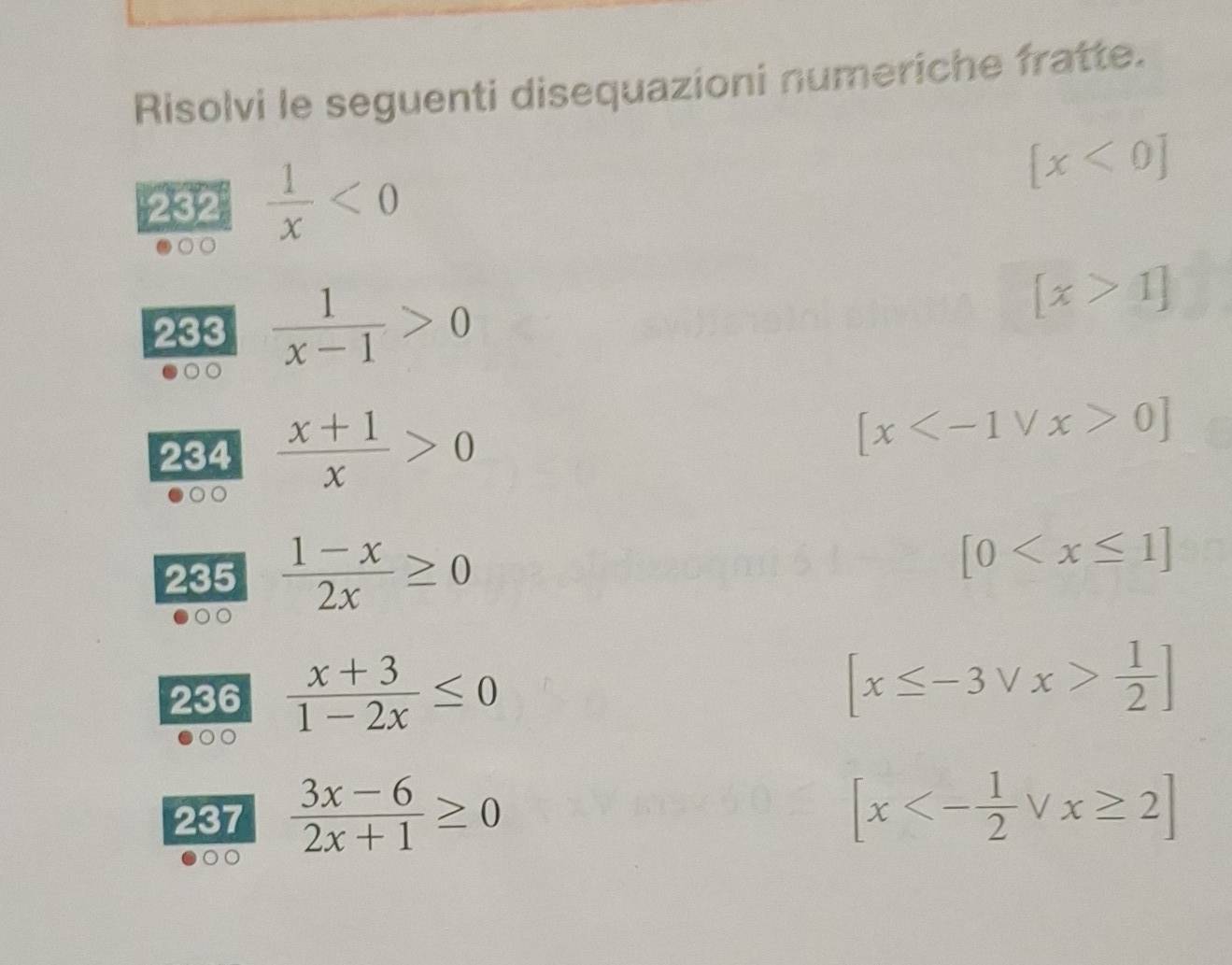 Risolvi le seguenti disequazioni numeriche fratte. 
232  1/x <0</tex>
[x<0]
233  1/x-1 >0
[x>1]
234  (x+1)/x >0 [x 0]
235  (1-x)/2x ≥ 0
[0
236  (x+3)/1-2x ≤ 0
[x≤ -3vee x> 1/2 ]
237  (3x-6)/2x+1 ≥ 0
[x<- 1/2 vee x≥ 2]