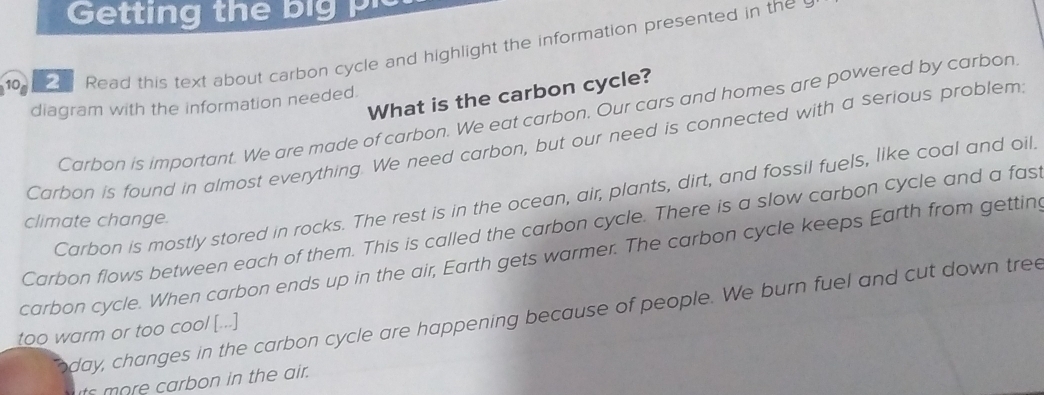 Getting the big 
10 Read this text about carbon cycle and highlight the information presented in the s
What is the carbon cycle?
diagram with the information needed.
Carbon is important. We are made of carbon. We eat carbon. Our cars and homes are powered by carbon
Carbon is found in almost everything. We need carbon, but our need is connected with a serious problem
Carbon is mostly stored in rocks. The rest is in the ocean, air, plants, dirt, and fossil fuels, like coal and oil.
climate change.
Carbon flows between each of them. This is called the carbon cycle. There is a slow carbon cycle and a fast
carbon cycle. When carbon ends up in the air, Earth gets warmer. The carbon cycle keeps Earth from getting
oday, changes in the carbon cycle are happening because of people. We burn fuel and cut down tree
too warm or too cool [...]
its more carbon in the air.