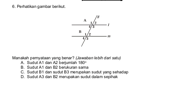 Perhatikan gambar berikut.
Manakah pernyataan yang benar? (Jawaban lebih dari satu)
A. Sudut A1 dan A2 berjumlah 180°
B. Sudut A1 dan B2 berukuran sama
C. Sudut B1 dan sudut B3 merupakan sudut yang sehadap
D. Sudut A3 dan B2 merupakan sudut dalam sepihak