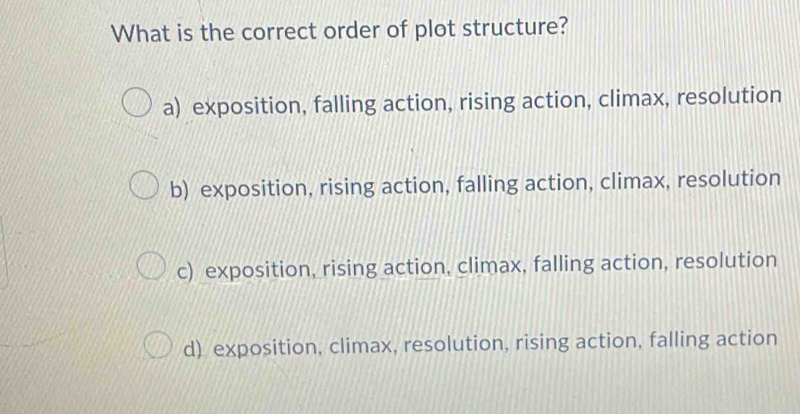 Solved: What is the correct order of plot structure? a) exposition ...