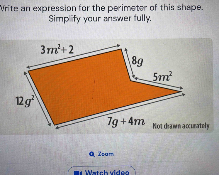 Write an expression for the perimeter of this shape.
Simplify your answer fully.
Zoom
Watch video