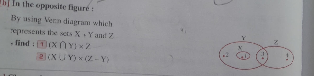 [b] In the opposite figure :
By using Venn diagram which
represents the sets X , Y and Z
, find : 1 (X∩ Y)* Z
2 (X∪ Y)* (Z-Y)