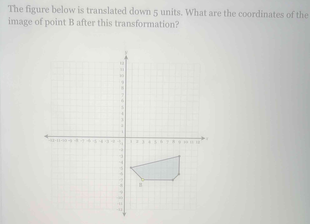 The figure below is translated down 5 units. What are the coordinates of the 
image of point B after this transformation?