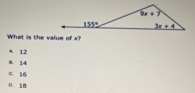 What is the value of x?
A 12
B. 14
C. 16
D. 18