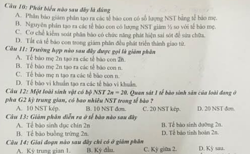 Phát biểu nào sau đây là đúng
A. Phân báo giám phân tạo ra các tế bào con có số lượng NST bằng tế bảo mẹ.
B. Nguyên phân tạo ra các tế bảo con có lượng NST giảm ½ so với tế bào mẹ.
C. Cơ chế kiểm soát phân bảo có chức năng phát hiện sai sót để sửa chữa.
D. Tất cá tế bảo con trong giám phân đều phát triển thành giao tử.
Câu II: Trường hợp nào sau đây được gọi là giảm phân
A. Tế bào mẹ 2n tạo ra các tế bào con 2h.
B. Tể bào mẹ 2n tạo ra các tế bào con n.
C. Tế bảo mẹ n tạo ra các tế bào con n.
D. Tế bảo vi khuẩn tạo ra các tế bào vi khuẩn.
Câu 12: Một loài sinh vật có bộ NST 2n=20. Quan sát 1 tế bào sinh sản của loài đang ở
pha G2 kỳ trung gian, có bao nhiêu NST trong tế bào ?
A. 10 NST kép. B. 10 NST đơn. C. 20 NST kép. D. 20 NST đơn.
Câu 13: Giám phân diễn ra ở tế bào nào sau đây
A. Tể bào sinh dục chín 2n B. Tể bào sinh dưỡng 2n.
B. Tế bào buồng trứng 2n. D. Tế bào tinh hoàn 2n.
Câu 14: Giai đoạn nào sau đây chỉ có ở giám phân
A. Kỳ trung gian 1. B. Kỳ đầu. C. Kỳ giữa 2. D. Kỳ sau.