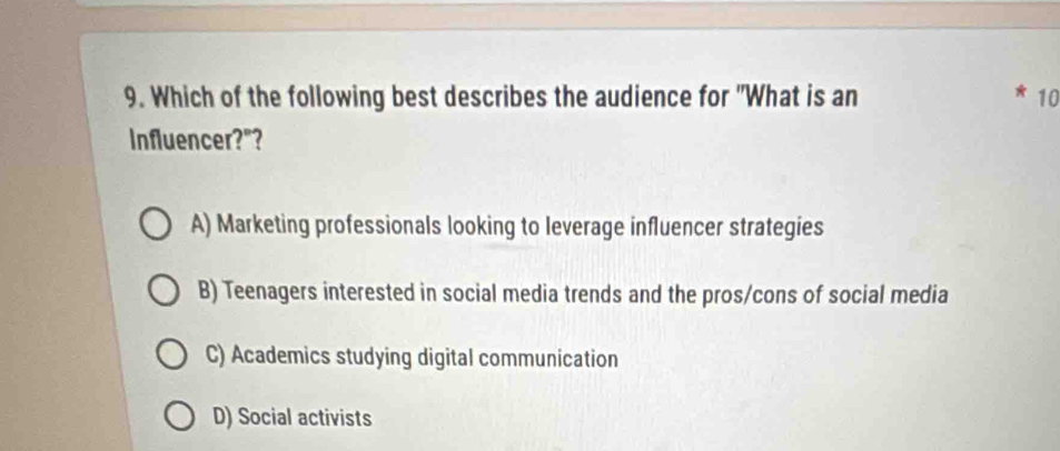 Which of the following best describes the audience for "What is an 10
Influencer?"?
A) Marketing professionals looking to leverage influencer strategies
B) Teenagers interested in social media trends and the pros/cons of social media
C) Academics studying digital communication
D) Social activists