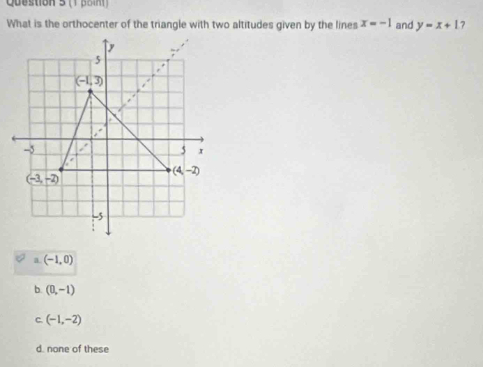 (1 poin)
x=-1 and y=x+1 7
a. (-1,0)
b. (0,-1)
C. (-1,-2)
d. none of these