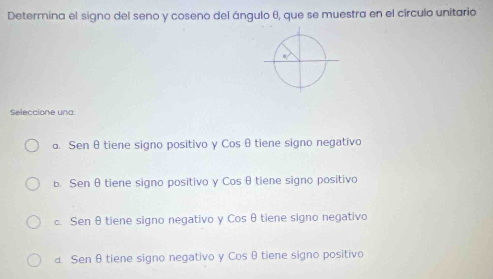 Determina el signo del seno y coseno del ángulo θ, que se muestra en el círculo unitario
Seleccione una:
a. Senθ tiene signo positivo y Cosθ tiene signo negativo
b. Senθ tiene signo positivo y Cosθ tiene signo positivo
c. Sen θ tiene signo negativo y Cos θtiene signo negativo
a. Sen θ tiene signo negativo y cos t tiene signo positivo