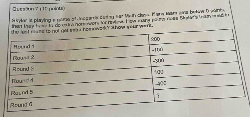 Skyler is playing a game of Jeopardy during her Math class. If any team gets below 0 points, 
then they have to do extra homework for review. How many points does Skyler's team need in 
ork? Show your work.