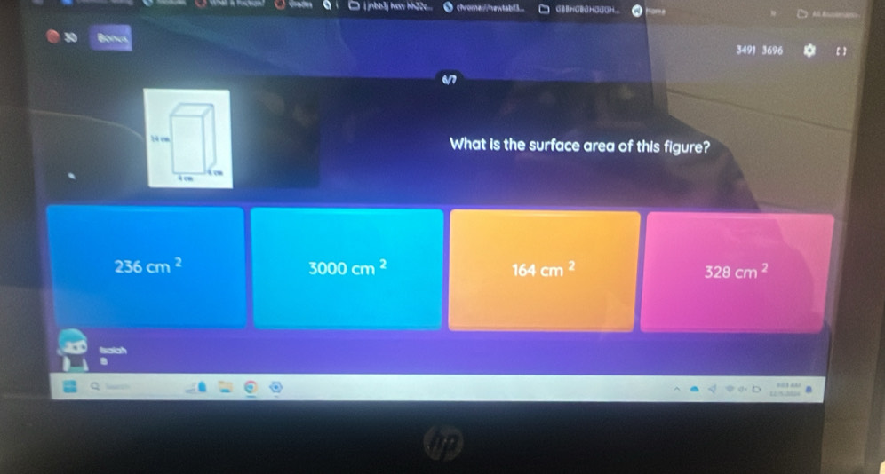□| jnbb3j hov hh22c chrome://newtabf3.. d e e ngeG haagh .
3491 3696 【】
What is the surface area of this figure?
236cm^2
3000cm^2
164cm^2
328cm^2
Isatch
…