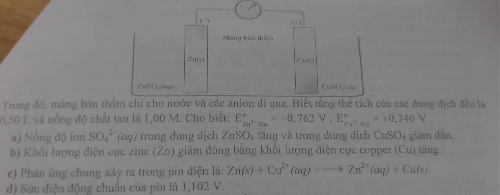 () 
(+) 
Màng bản thẩm
Zn(s)
C u/
ZnSO_4(aq)
CuSO_4(aq
Trong đó, màng bán thẩm chỉ cho nước và các anion đi qua. Biết rằng thể tích của các dung dịch đều là
0,50 L và nồng độ chất tan là 1,00 M. Cho biết: E_Zn^(2+)/Zn^circ =-0,762V, E_Cu^(2+)/Cu^circ =+0,340V. 
a) Nồng độ ion SO_4^((2-) (aq) trong dung dịch ZnSO_4) tăng và trong dung dịch CuSO_4 giàm dần. 
b) Khối lượng điện cực zinc (Zn) giảm đúng bằng khối lượng điện cực copper (Cu) tăng. 
c) Phản ứng chung xảy ra trong pin điện là: Zn(s)+Cu^(2+)(aq)to Zn^(2+)(aq)+Cu(s). 
d) Sức điện động chuẩn của pin là 1,102 V.