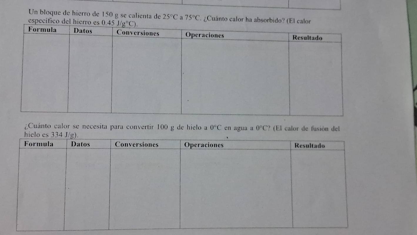 Un bloque de hierro de 150 g se calienta de 25°C a 75°C ¿Cuánto calor ha absorbido? (El 
es
¿Cuánto calor se necesita para convertir 100 g de hielo a 0°C en agua a 0°C ? (El calor de fusión del