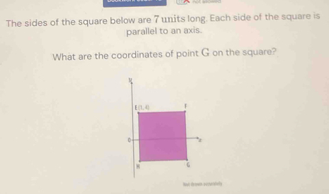 The sides of the square below are 7 units long. Each side of the square is
parallel to an axis.
What are the coordinates of point G on the square?
But deown occately