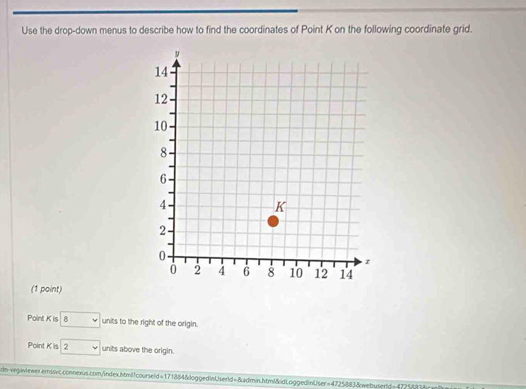 Use the drop-down menus to describe how to find the coordinates of Point K on the following coordinate grid. 
(1 point) 
Point K is 8 units to the right of the origin. 
Point K is 2 units above the origin. 
dn-vegaviewer.emssvc.connexus.com/index.html?courseld=171884&loggedInUserld=&admin.html&idLoggedInUser=4725883&webuserld=47258833