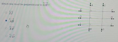 Which line must be perpendicular to overleftrightarrow GH
overleftrightarrow IJ
overleftrightarrow AB
overleftrightarrow EF
overleftrightarrow CD