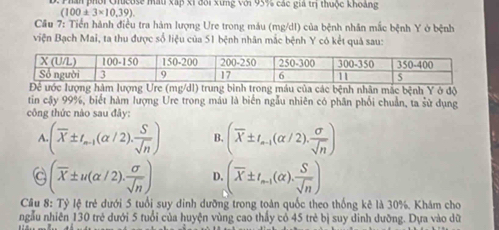 Phân phối Ghucose mau xấp xỉ đôi xứng với 95% các giá trị thuộc khoảng
(100± 3* 10,39).
Cầu 7: Tiền hành điều tra hàm lượng Ure trong máu (mg/dI) của bệnh nhân mắc bệnh Y ở bệnh
viện Bạch Mai, ta thu được số liệu của 51 bệnh nhân mắc bệnh Y có kết quả sau:
ng bìmáu của các bệnh nhân mắc bệnh Y ở độ
tin cậy 99%, biết hàm lượng Ure trong màu là biển ngẫu nhiên có phân phối chuẩn, ta sử dụng
công thức nào sau đây:
A. (overline X± t_n-1(alpha /2). S/sqrt(n) ) B. (overline X± t_n-1(alpha /2). sigma /sqrt(n) )
C (overline X± u(alpha /2). sigma /sqrt(n) ) D. (overline X± t_n-1(alpha ). S/sqrt(n) )
Câu 8: Tỷ lệ trẻ dưới 5 tuổi suy dinh dưỡng trong toàn quốc theo thống kê là 30%. Khám cho
ngẫu nhiên 130 trẻ dưới 5 tuổi của huyện vùng cao thấy có 45 trẻ bị suy dinh dưỡng. Dựa vào dữ