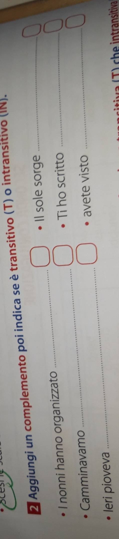 Aggiungi un complemento poi indica se è transitivo (T) o intransitivo (IN). 
_ 
Il sole sorge 
_ 
I nonni hanno organizzato 
Ti ho scritto_ 
_ 
_ 
Camminavamo 
avete visto 
leri pioveva 
sitiva (T) che intransitiva