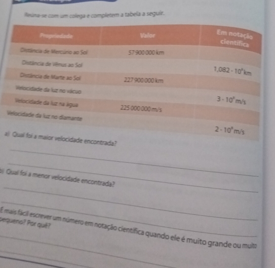 Reúna-se com um colega e completem a tabela a seguir.
_
a
_
_
o Quall foi a menor velocidade encontrada?
_
pequero? Par quiê?
_
_
E mais fácil escrever um número em notação científica quando ele é muito grande ou muto