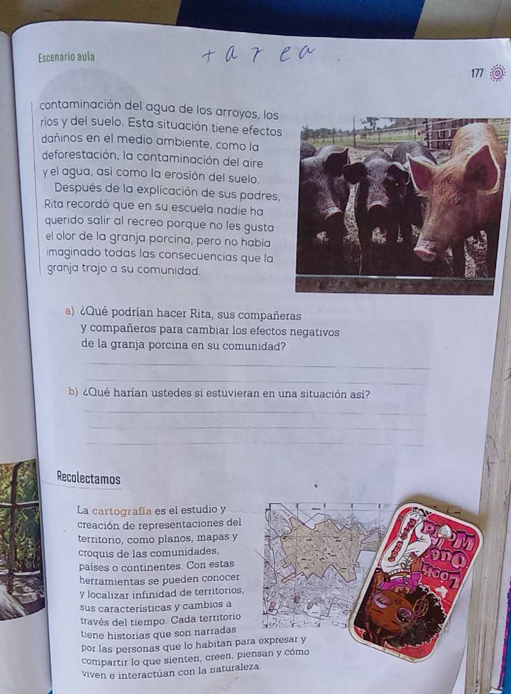 Escenario aula 
177 
contaminación del agua de los arroyos, los 
rios y del suelo. Esta situación tiene efectos 
dañinos en el medio ambiente, como la 
deforestación, la contaminación del aire 
y el agua, así como la erosión del suelo. 
Después de la explicación de sus padres, 
Rita recordó que en su escuela nadie ha 
querido salir al recreo porque no les gusta 
el olor de la granja porcina, pero no habia 
imaginado todas las consecuencias que la 
granja trajo a su comunidad. 
a) ¿Qué podrían hacer Rita, sus compañeras 
y compañeros para cambiar los efectos negativos 
de la granja porcina en su comunidad? 
_ 
_ 
b) ¿Qué harían ustedes si estuvieran en una situación así? 
_ 
_ 
_ 
Recolectamos 
La cartografía es el estudio y 
creación de representaciones del 
territorio, como planos, mapas y 
croquis de las comunidades, 
países o continentes. Con estas 
herramientas se pueden conocer 
y localizar infinidad de territorios, 
sus características y cambios a 
través del tiempo. Cada territorio 
tiene historias que son narradas 
por las personas que lo habitan para expresar y 
compartir lo que sienten, creen, piensan y cómo 
viven e interactúan con la naturaleza.