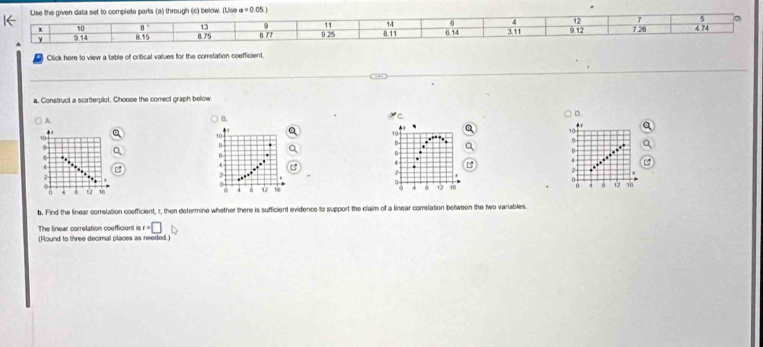 Lise the given data set to complete parts (a) through (c) below. (Use alpha =0.05.).
14 6 4 12 7 5 e
x 10 8° 13 9 11 8.11 6.14 3.11 9.12 7.26 4.74
y 9.14 8.15 8.75 B. 77 9 25
Click here to view a table of critical values for the correlation coefficient 
a. Construct a scatterplot. Choose the correct graph below 
B. 
C. 
D. 

Q
10
B
6
4

2 -
0
4 0 12 16
b. Find the linear correlation coefficient, r, then determine whether there is sufficient evidence to support the claim of a linear correlation between the two variables 
The linear correlation coefficient is t=□
(Round to three decimal places as needed.)