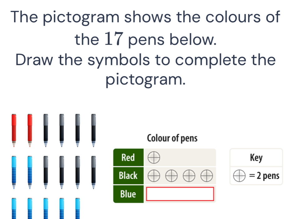 Solved: The pictogram shows the colours of the 17 pens below. Draw the ...