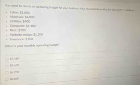 You need to create an operating budget for your business. Your financial information for the month is as follows
Labor: $1,000
Materials: $4,000
Utilities: $400
Computer: $1,400
Rent: $700
Website design: $1,200
Insurance: $150
What is your monthly operating budget?
$7,450
$7.650
$6.250
$8.850