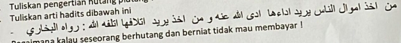 Tuliskan pengertian Kutang p i 
Tuliskan arti hadits dibawah ini Utll Uah sh ün 
mana kalau seseorang berhutang dan berniat tidak mau membayar !