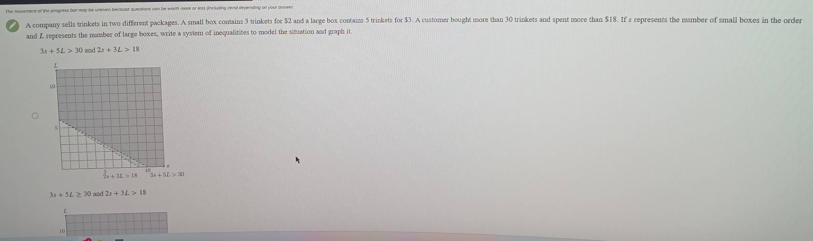 movement of the progress bar may be uneven because questions can be worth more or less (including zera) depending on your answ
A company sells trinkets in two different packages. A small box contains 3 trinkets for $2 and a large box contains 5 trinkets for $3. A customer bought more than 30 trinkets and spent more than $18. If s represents the number of small boxes in the order
and L represents the number of large boxes, write a system of inequalitites to model the situation and graph it.
3s+5L>30and2s+3L>18
3s+5L≥ 30 and 2s+3L>18
L
10