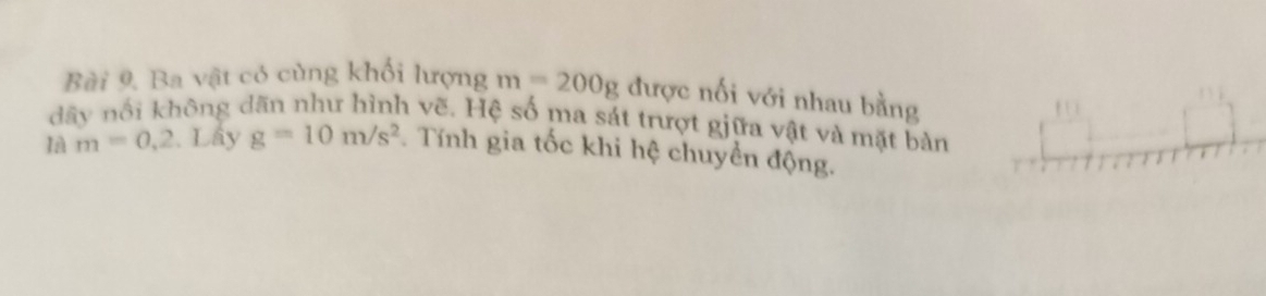 Ba vật có cùng khối lượng m=200g được nối với nhau bằng 
t 
dây nổi không dãn như hình vẽ. Hệ số ma sát trượt giữa vật và mặt bàn 
là m=0,2. Lấy g=10m/s^2 Tính gia tốc khi hệ chuyển động.