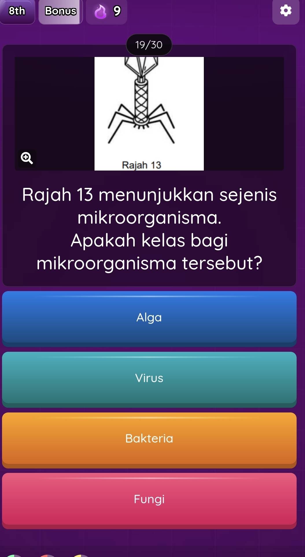 8th Bonus 9
19/30

Rajah 13
Rajah 13 menunjukkan sejenis
mikroorganisma.
Apakah kelas bagi
mikroorganisma tersebut?
Alga
Virus
Bakteria
Fungi