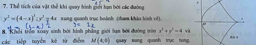 y
7. Thể tích của vật thể khi quay hình giới hạn bởi các đường
y^2=(4-x)^3; y^2=4x xung quanh trục hoành (tham khảo hình vẽ).
8. Khổi trồn xóay sinh bởi hình phẳng giới hạn bởi đường tròn x^2+y^2=4 và
các tiếp tuyến kẻ từ điểm M(4;0) quay xung quanh trục tung.