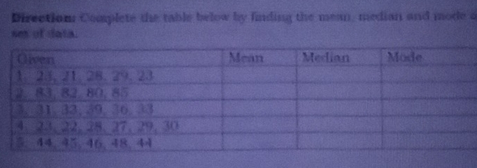 Direction Complete the table below by finding the mean, median and mode o 
ses of data.