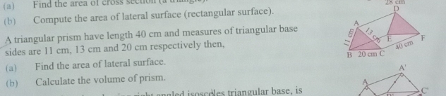 Find the area of cross section(a 
(b) Compute the area of lateral surface (rectangular surface). 28 cm
A triangular prism have length 40 cm and measures of triangular base 
sides are 11 cm, 13 cm and 20 cm respectively then, 
(a) Find the area of lateral surface. 
(b) Calculate the volume of prism. A'
A 
agled isoscoles triangular base, is C 
2+1