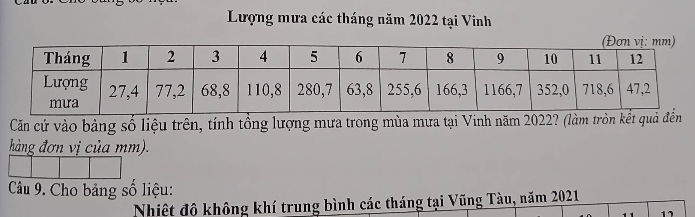 Lượng mưa các tháng năm 2022 tại Vinh 
Căn cứ vào bảng số liệu trên, tính tổng lượng mưa trong mùa mưa tại Vinh năm 2022? (làm tròn kết quả 
hàng đơn vị của mm). 
Câu 9. Cho bảng số liệu: 
Nhiệt độ không khí trung bình các tháng tại Vũng Tàu, năm 2021 
17