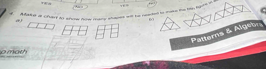 YES NO
NO
YES
4. Make a chart to show how many shapes will be needed to make the fifth figure in e a)
b)
Patterns & Algebra
p math