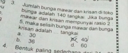 Jumlah bunga mawar dan krisan di toko -
U
bunga adaiah 140 tangkai Jika bunga
mawar dan krisan mempunyai rasio 2
5, maka selisih bunga mawar dan bunga
krisan adalah ... tangkai
a 30 40
b. 36 d. 60
4. Bentuk paling sederhana