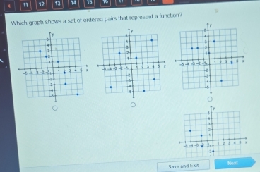 4 11 12 13 14 15 
Which graph shows a set of ordered pairs that represent a function? 

。
4
3
` 
J 4 5
-8 -4 -3 -3 -2 + 
Save and Exit Next