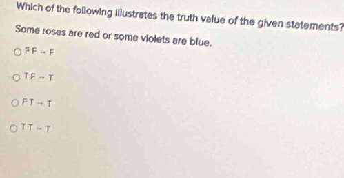 Which of the following illustrates the truth value of the given statements?
Some roses are red or some violets are blue,
FFrightarrow F
TFto T
FTto T
TT-T