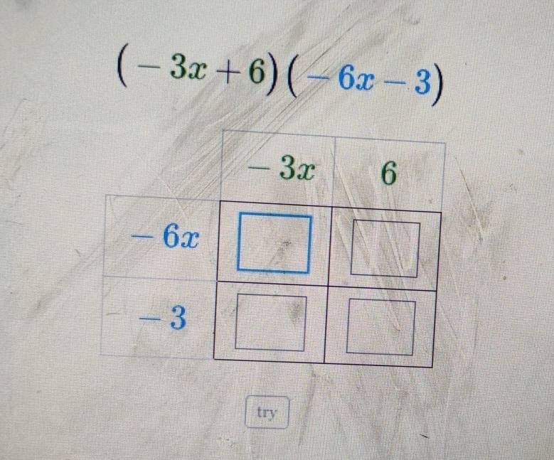 (-3x+6)(-6x-3)
try