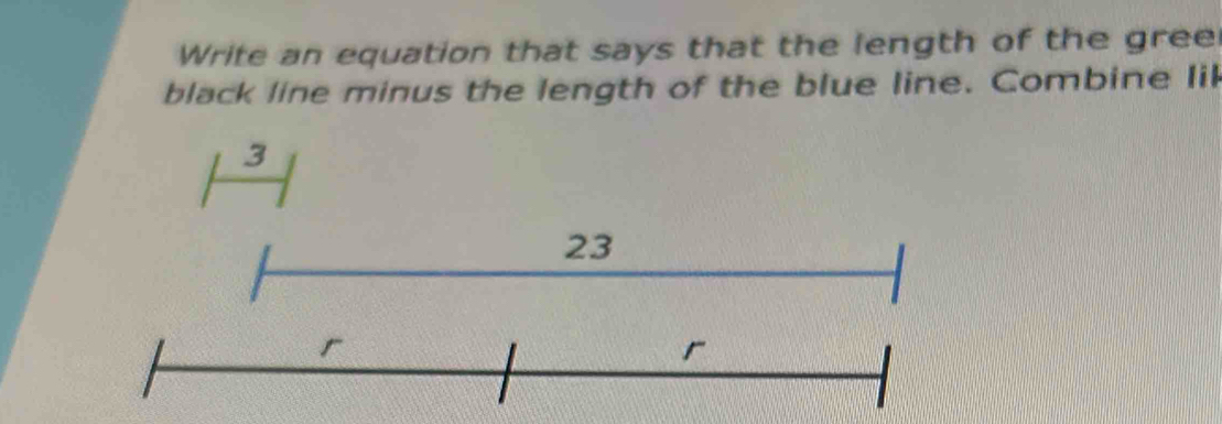 Write an equation that says that the length of the gree 
black line minus the length of the blue line. Combine lik