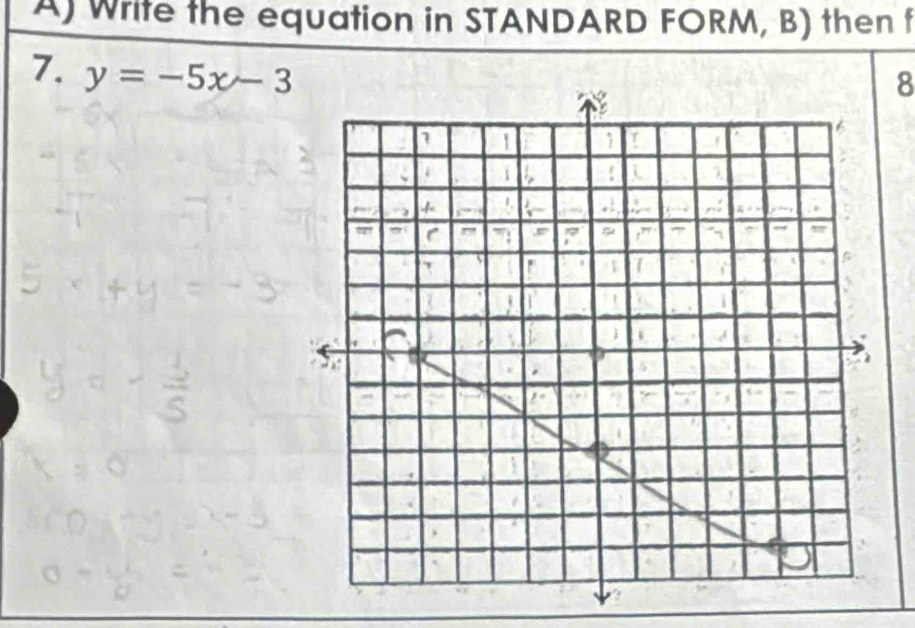 Write the equation in STANDARD FORM, B) then f 
7. y=-5x-3
8