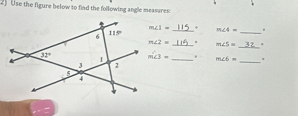 Use the figure below to find the following angle measures:
_
m∠ 1= _。 m∠ 4= 。
_
m∠ 2= _。 m∠ 5= 。
m∠ 3= _。 m∠ 6= 。
_