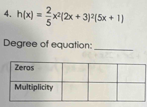 h(x)= 2/5 x^2(2x+3)^2(5x+1)
Degree of equation:_