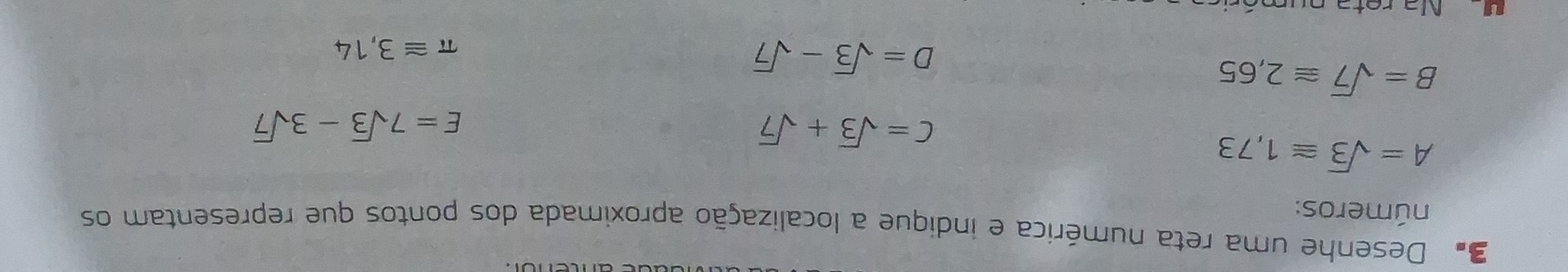 Desenhe uma reta numérica e indique a localização aproximada dos pontos que representam os 
números:
A=sqrt(3)≌ 1,73
C=sqrt(3)+sqrt(7)
E=7sqrt(3)-3sqrt(7)
B=sqrt(7)≌ 2,65
D=sqrt(3)-sqrt(7)
π ≌ 3,14
Na reta